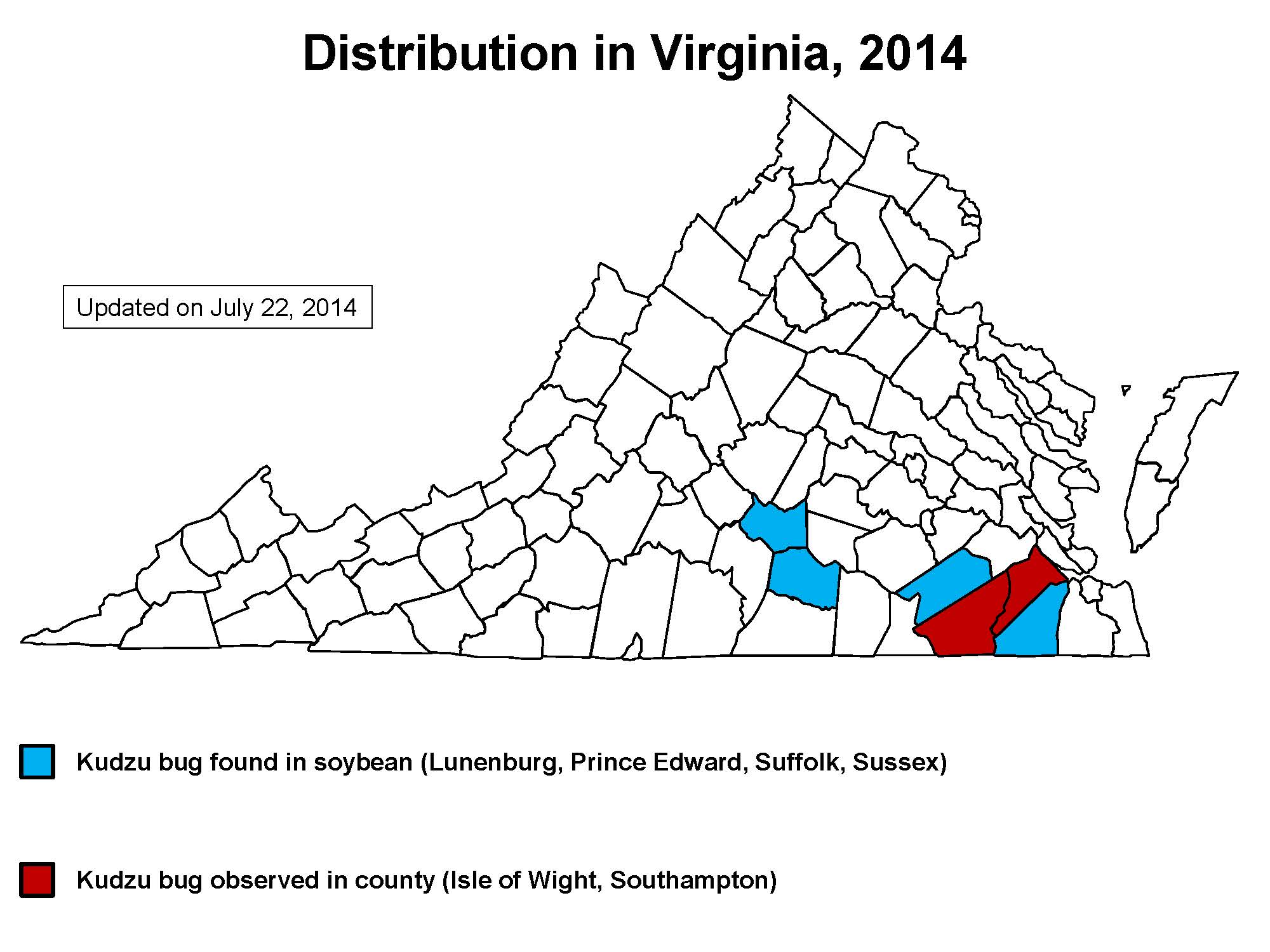 Map of Virginia showing counties with kudzu bugs.